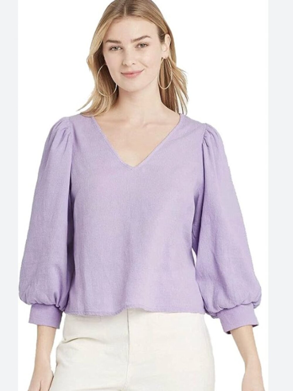 A New Day Purple Puff Long Sleeve Blouse V-Neck Textured Cotton Gauze XS